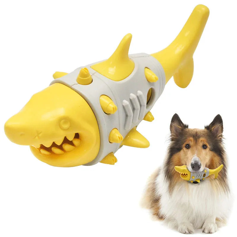 Blue grey and yellow shark tooth textured dog chew toy with visible air vents.