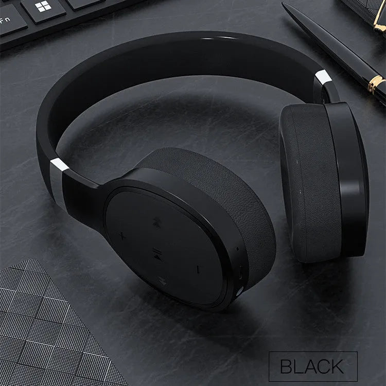 Wireless Bluetooth headset in black, showing over-ear design with 40mm speakers and Bluetooth 5.0 connectivity.