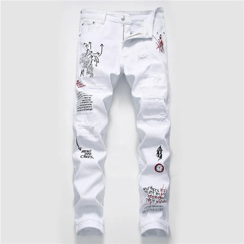White shredded embroidery jeans for women cotton denim straight leg ankle length high waist distressed pants