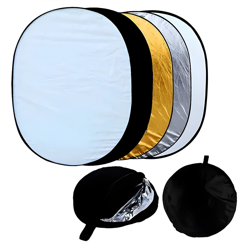 Collapsible 5-in-1 photography light reflector with gold, silver, white, black and translucent surfaces