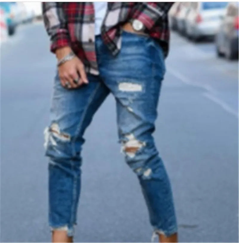Men's distressed jeans with holes in deep blue colour showing cotton denim construction and sizing options from S to 3XL