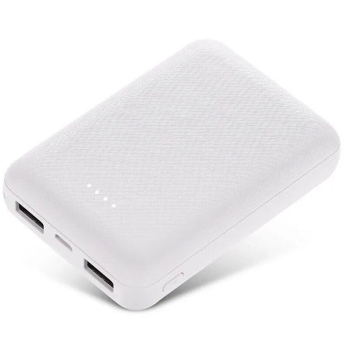 Ultra-thin 10,000mAh power bank in black or white with multi-USB ports