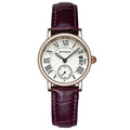 Women's waterproof quartz watch with round 32mm dial, leather strap, and onion crown