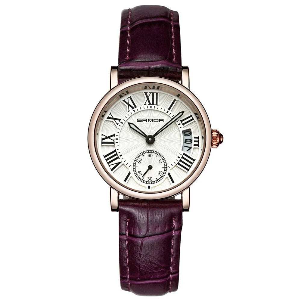 Women's waterproof quartz watch with round 32mm dial, leather strap, and onion crown