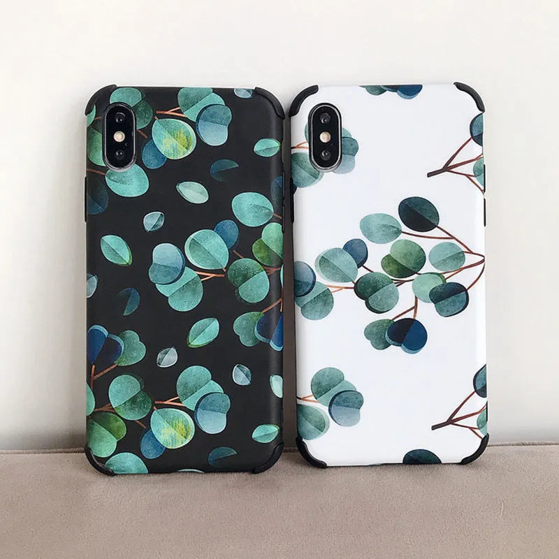 Black silicone leaf design phone case for iPhone models on a plain background.