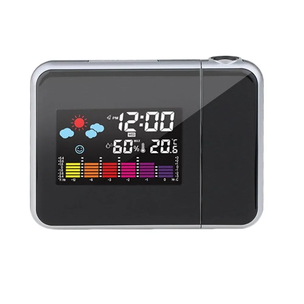 Black digital projection alarm clock with thermometer and hygrometer on bedside table