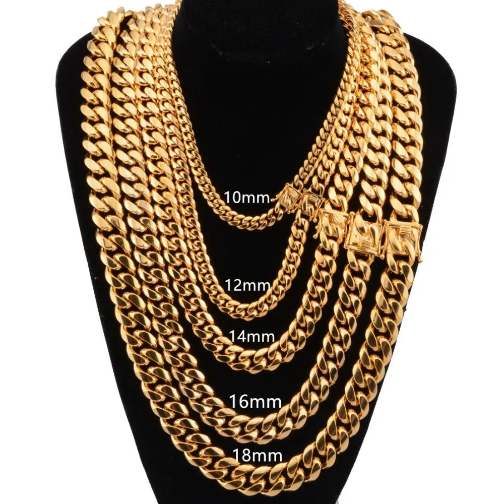 Gold stainless steel Miami Cuban link chain 12mm width on a white background