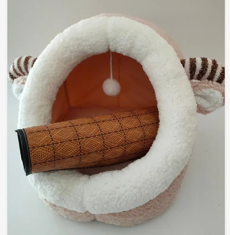 Enclosed cat litter kennel with plus velvet lining in camel colour, side view with mat included
