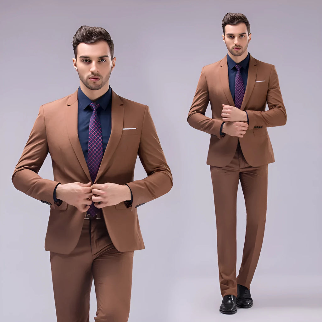 Men's single-breasted flat collar business suit set in dark blue with jacket and trousers on display