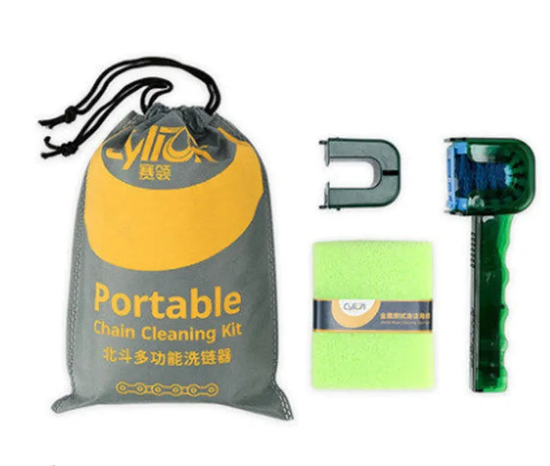 Bicycle chain cleaner scrubber brush set with PC plastic housing, soft brush, and three wear-resistant sponges on a workbench