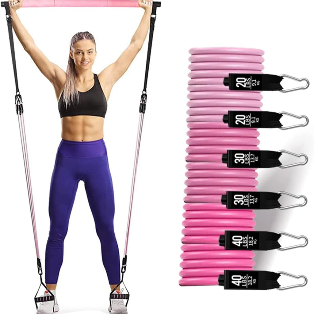 Yoga gymnastic bar with 180 pounds resistance band pull rope set in pink or black TPE material
