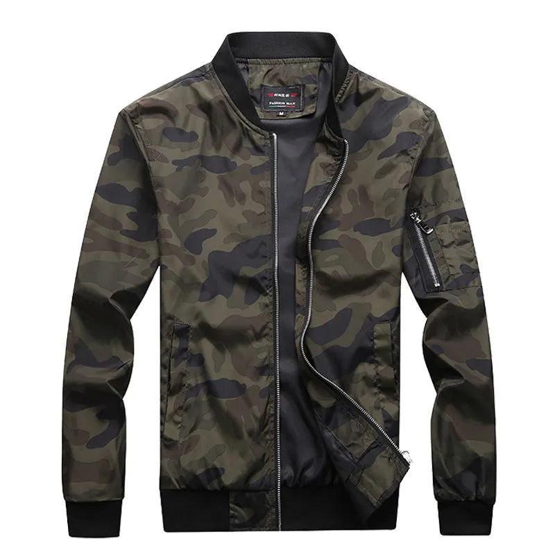 Men's camouflage bomber jacket with stand collar, zip front, long sleeves, and welt pockets in army green