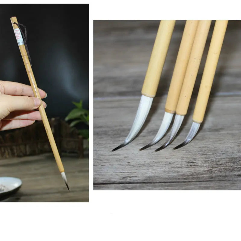 Set of four lower case writing brushes with thin gold body and mixed hair tip in pine branch colour for calligraphy