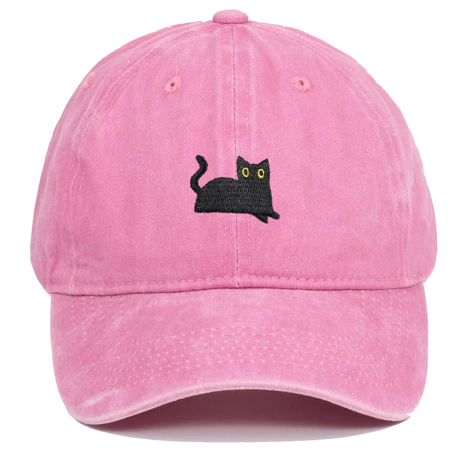 Black cat embroidered washed baseball cap in black, cotton fabric, adjustable size, dome crown style