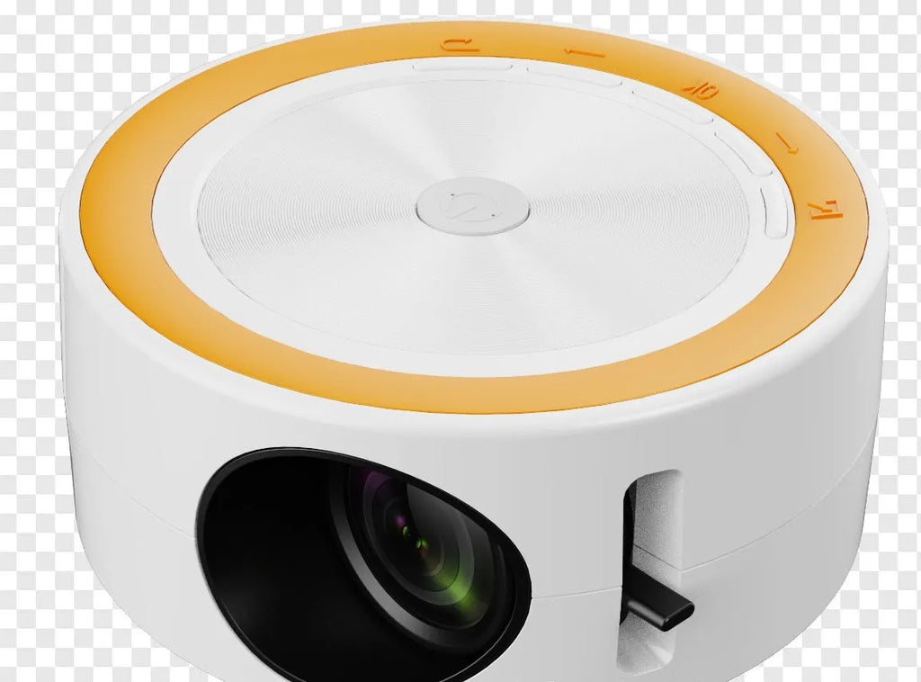 Wired home LED projector YT200 in compact 110x47mm casing with remote control and USB cord