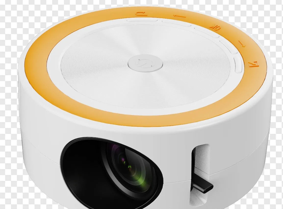 Wired home LED projector YT200 in compact 110x47mm casing with remote control and USB cord