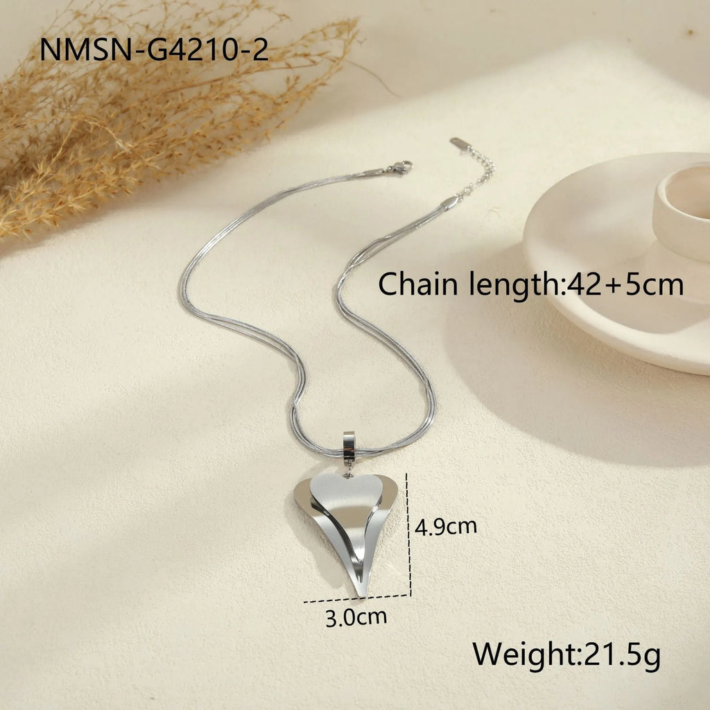 Stainless steel double heart snake bones chain necklace with geometric pendant in gold or steel electroplated finish