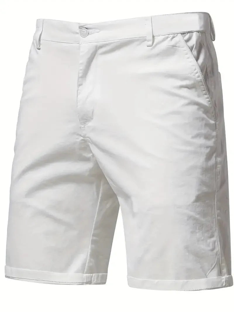 Straight-leg cotton camping shorts in khaki, with zip placket and mid waist, for teenage outdoor leisure
