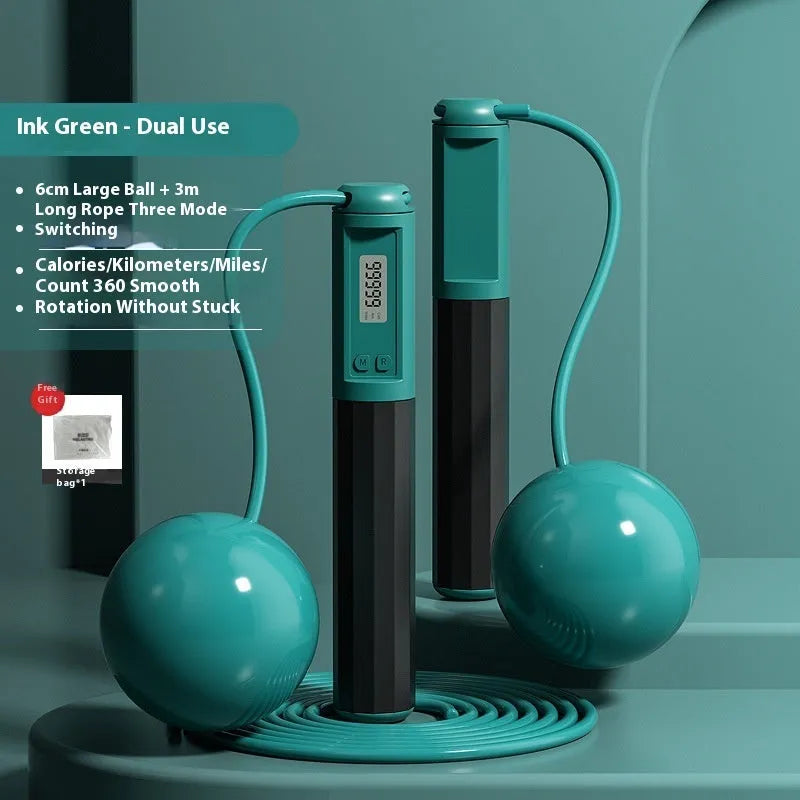 Smart counting skipping rope in light blue with ABS handle and big ball style, packed in stroller bag
