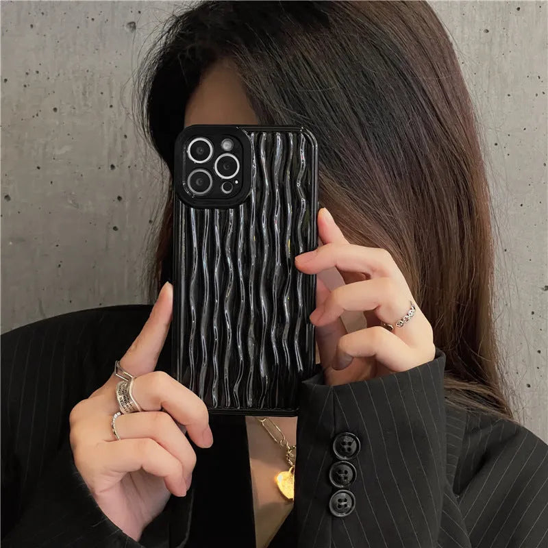 Silicone water ripple phone case with glossy surface back cover in black for iPhone 13