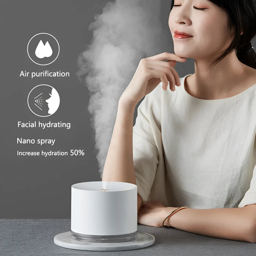 Wireless air humidifier diffuser in white with USB cable, 130 x 130 x 100mm, 780ml tank, 2000mAh battery