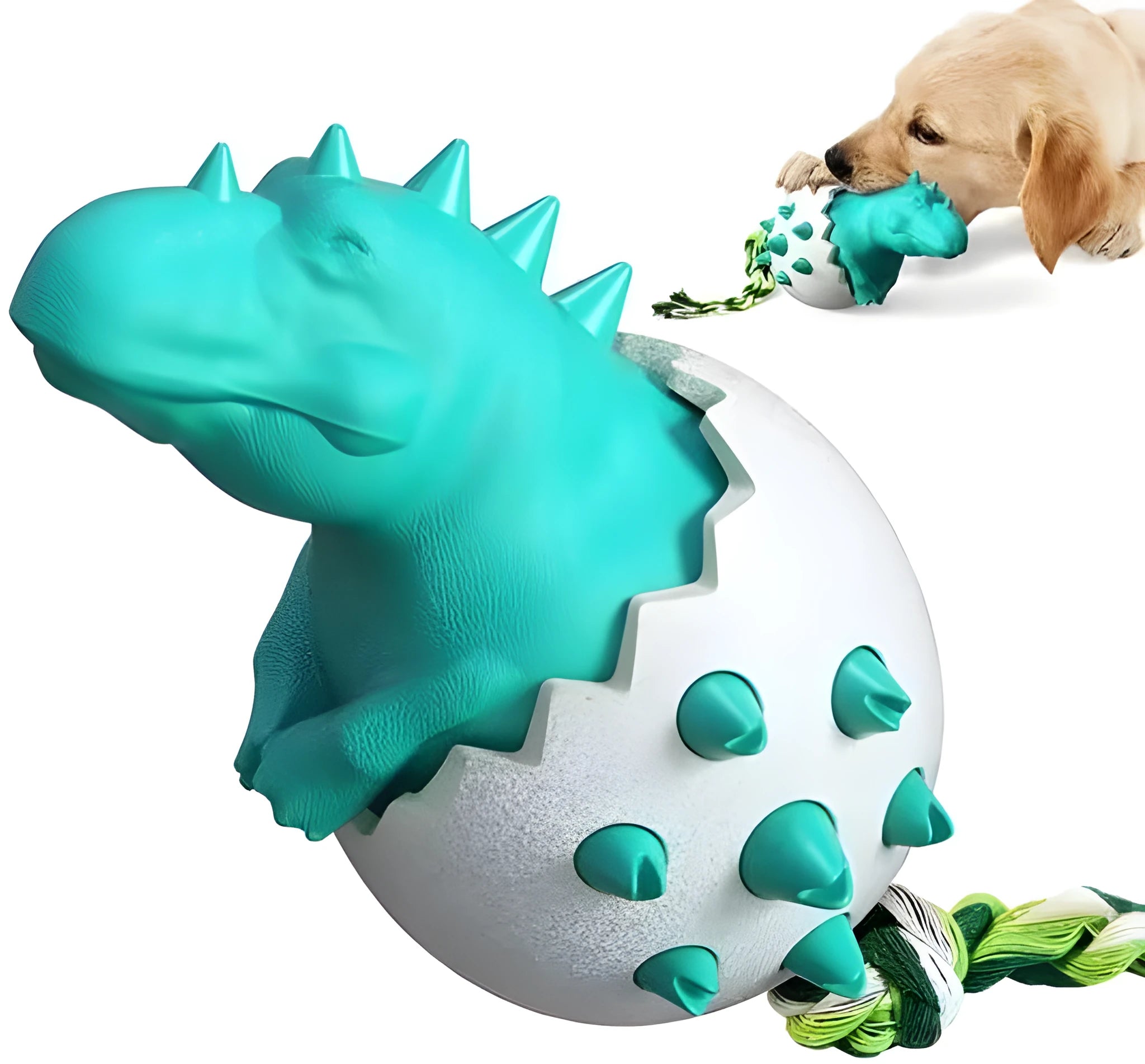 Blue durable dinosaur-shaped dog chew toy with textured grooves and an attached rope for aggressive chewers