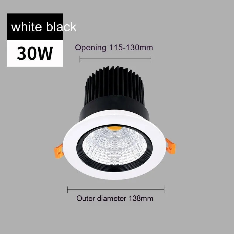 Black aluminium embedded LED ceiling spotlight with anti-glare design showing three colour temperature options