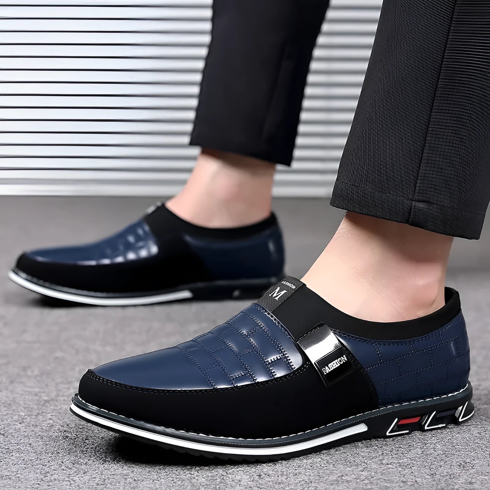 Men's slip-on plus size casual leather shoes black round toe artificial PU rubber sole