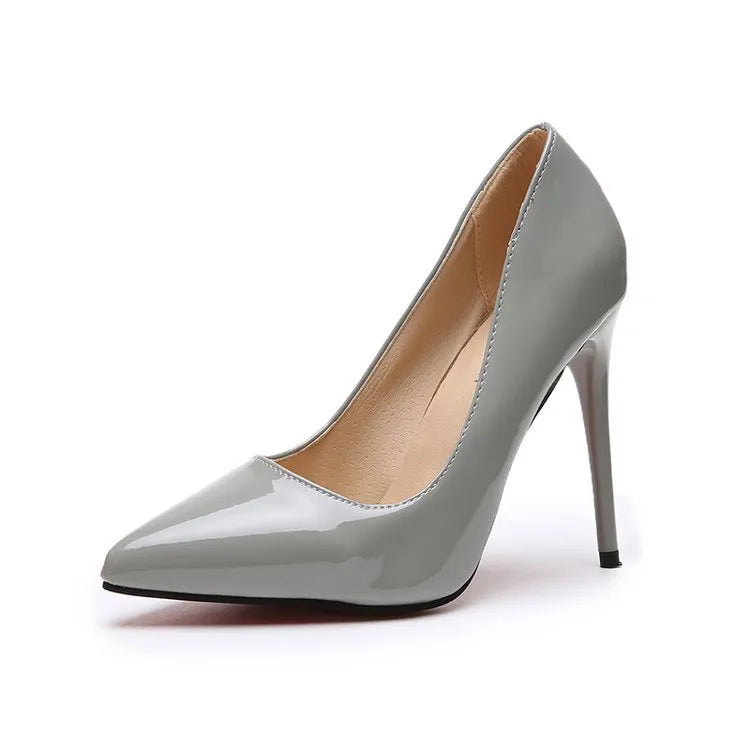 Women's high heel shoes with large heel, pointed toe, leather splicing, artificial PU vamp, solid colour, available in sizes 35-44