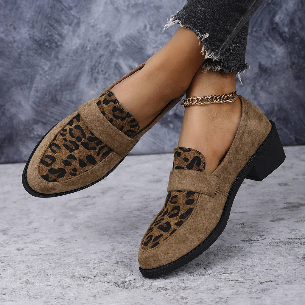 Leopard print suede slip-on shoes with a chunky heel and pointed toe in brown colour