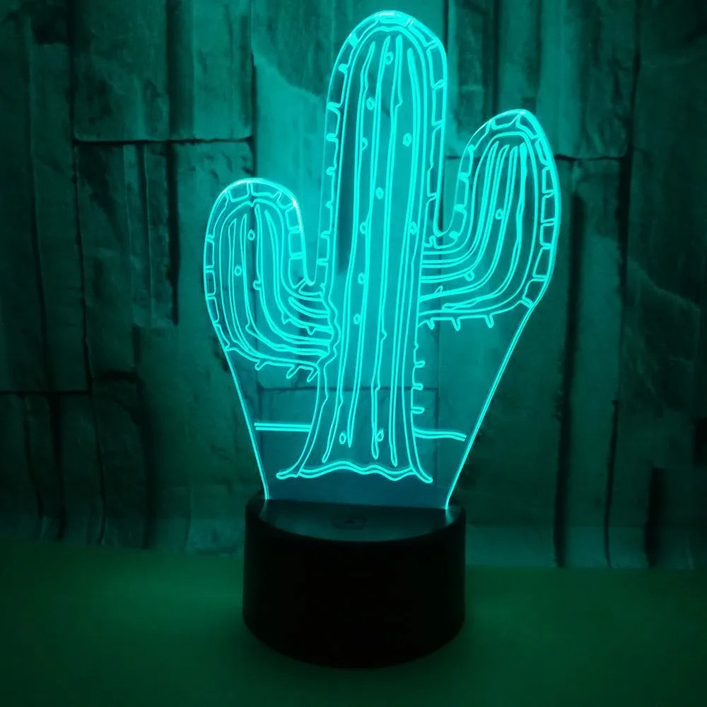 Cactus 3D night light with touch control showing green LED glow on a wooden table