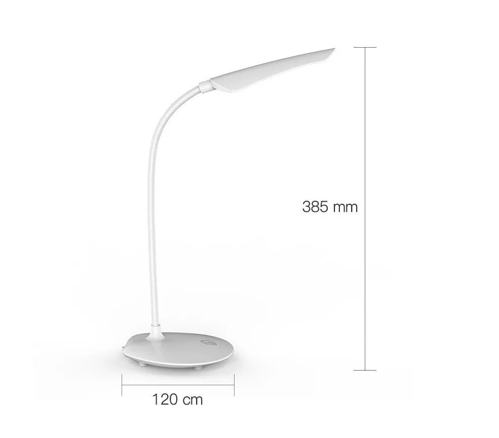 White LED desk lamp with USB charging and touch switch on a desk