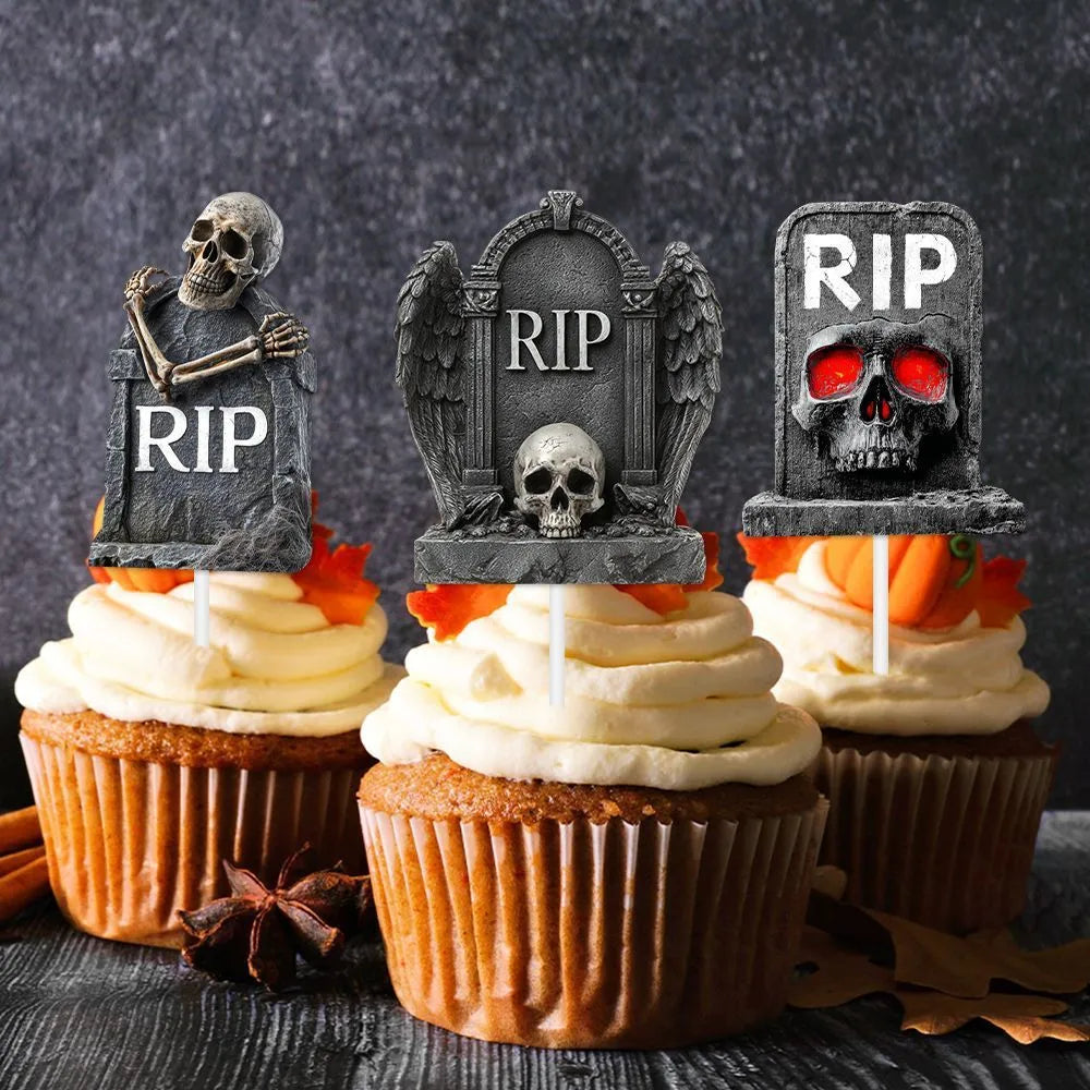 12 paper Halloween tombstone cake decoration flags featuring horror designs in two styles