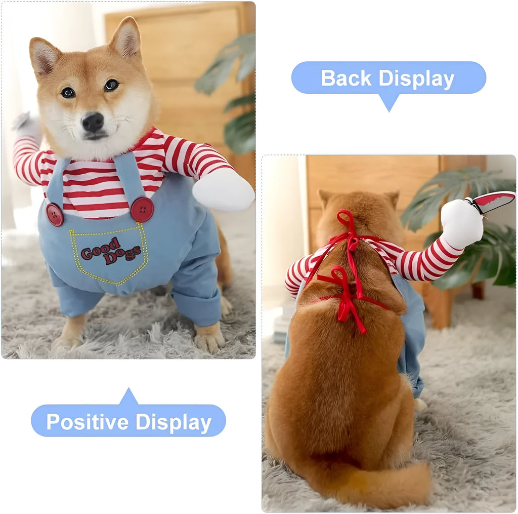 Striped Halloween harness costume for pets with knife accessory in 3-piece set