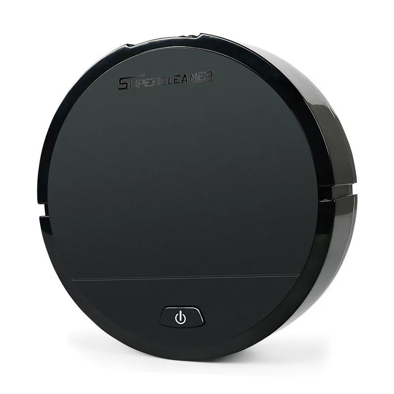 Black, red, and white intelligent robotic floor sweeper with sweeping brushes and suction intake.