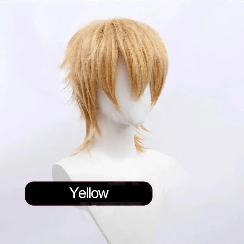 A short hairstyle Anime cosplay wig for men on a stand, shown in a vibrant colour.