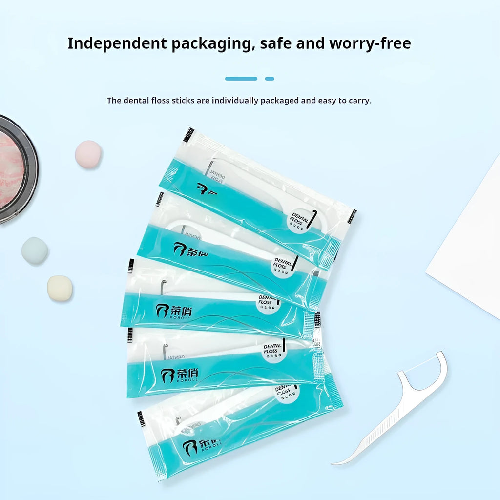 Independently packaged dental floss in portable plastic bag with 100 single-use strands