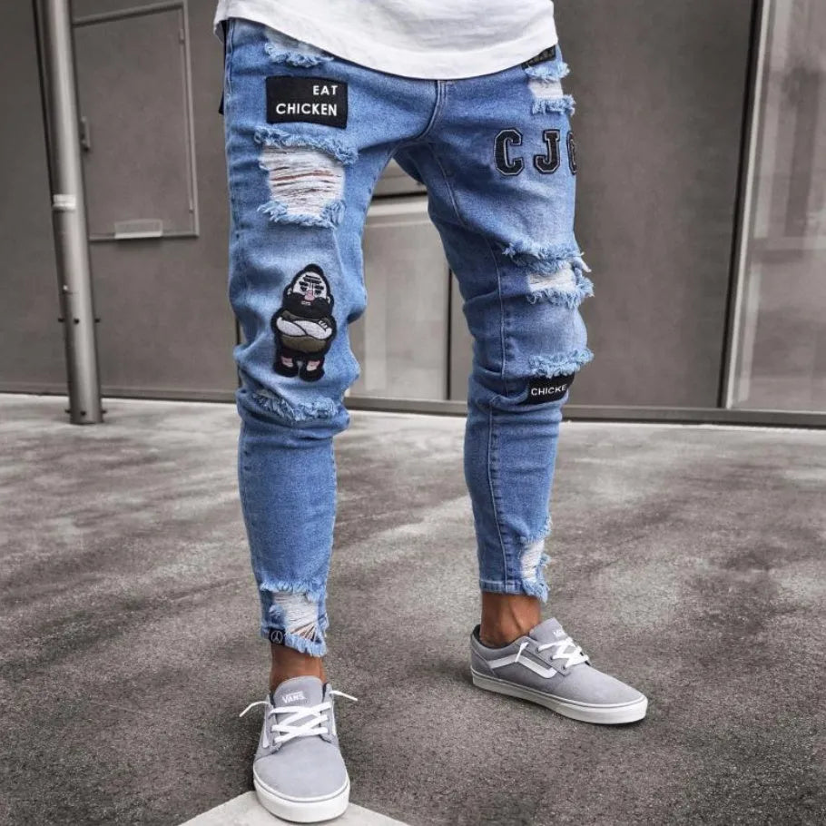 Cotton knee hole zipper trousers in black, blue, and white, mid-waist fit