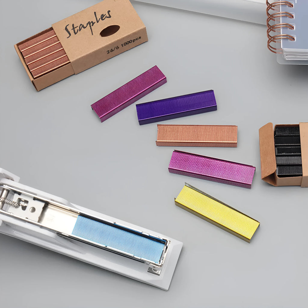 Box of 1000 metal office staples in black purple rose gold and rose red colour options