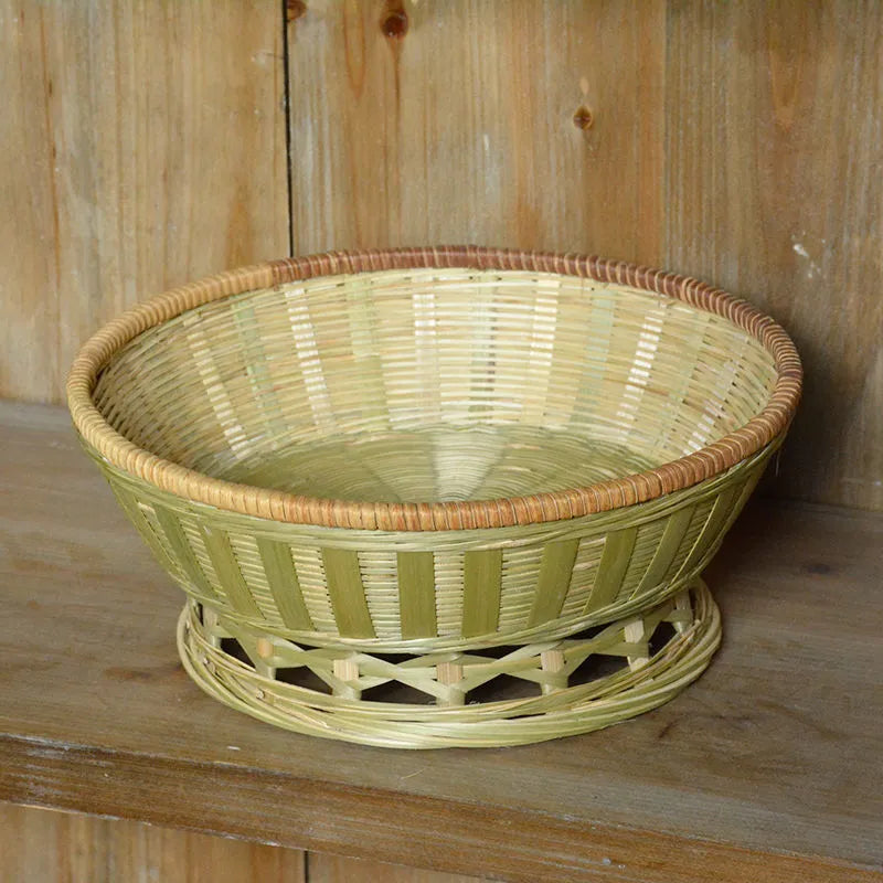 Handmade natural bamboo storage basket shown in three size variants for home organisation.