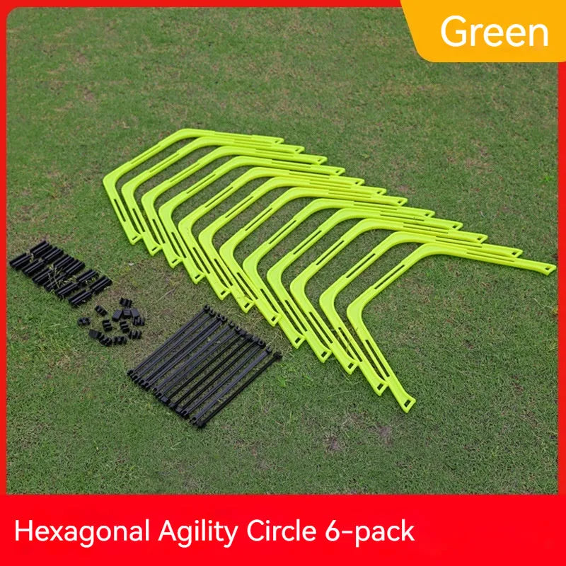 Six foldable hexagon agility training rings in green, orange, and yellow colours for football drills.