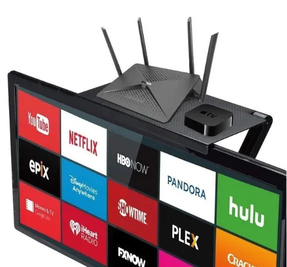 Adjustable black screen top shelf compatible with Apple TV and Roku, 13-inch size, on a computer monitor