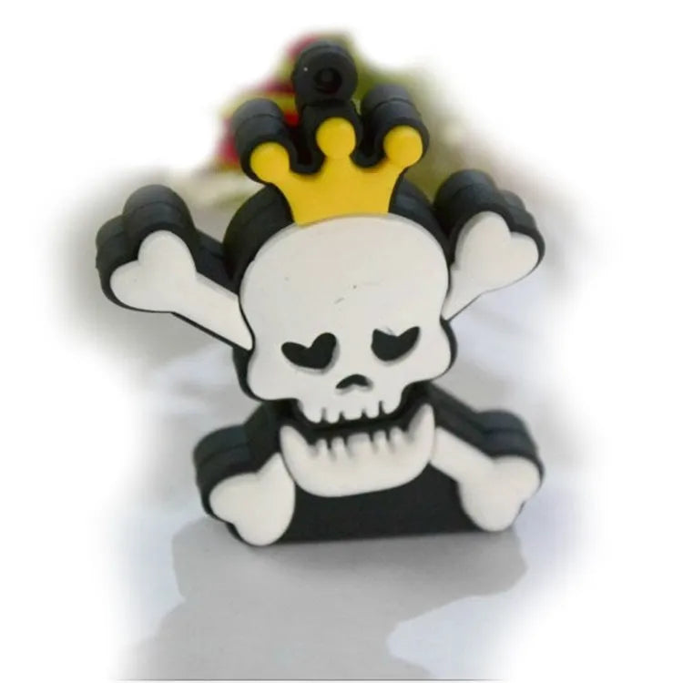 Skull-shaped USB flash drive on a small chain with PVC shell and USB 3.0 connector.