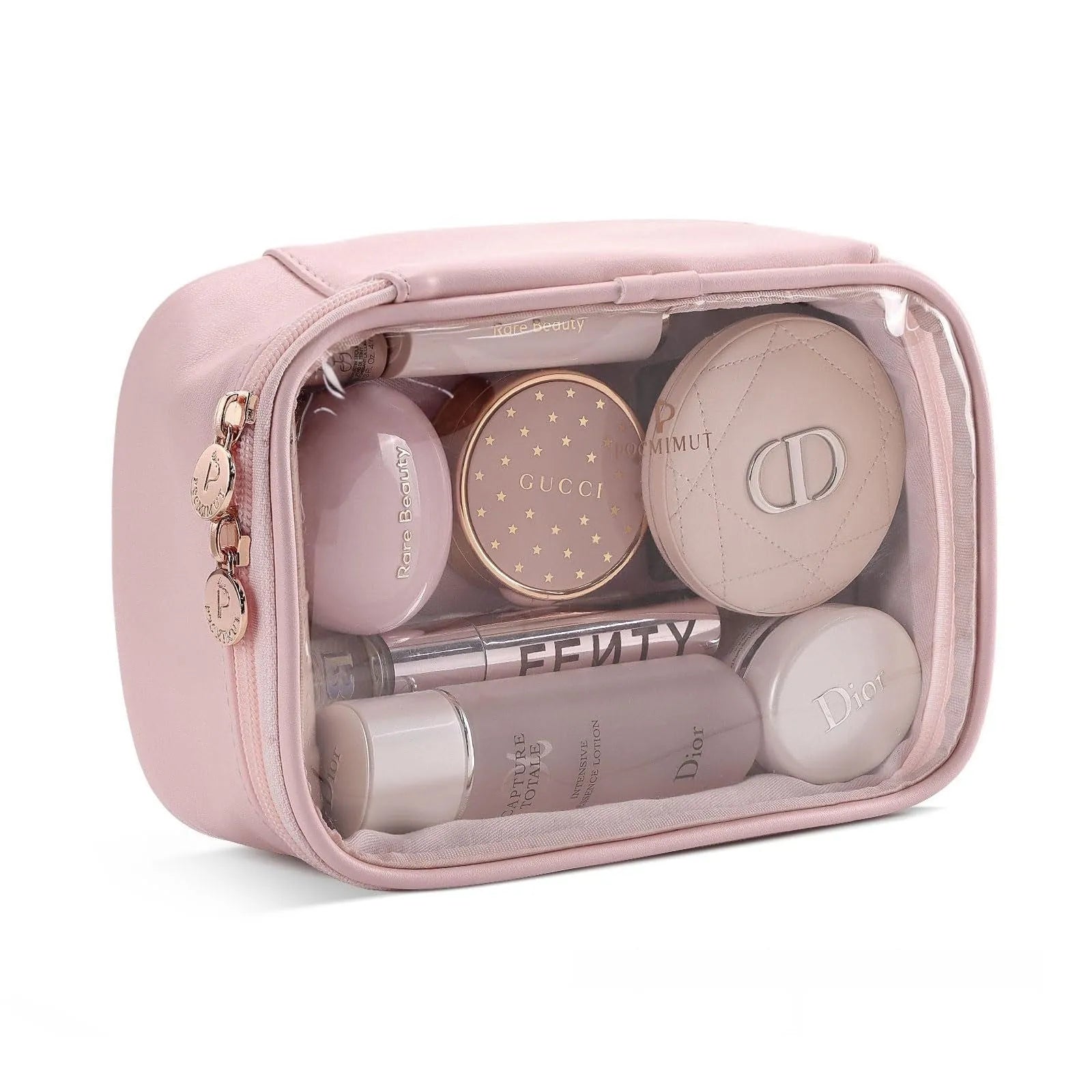 Clear PVC cosmetic bag with waterproof lining shown in a beige colour option.
