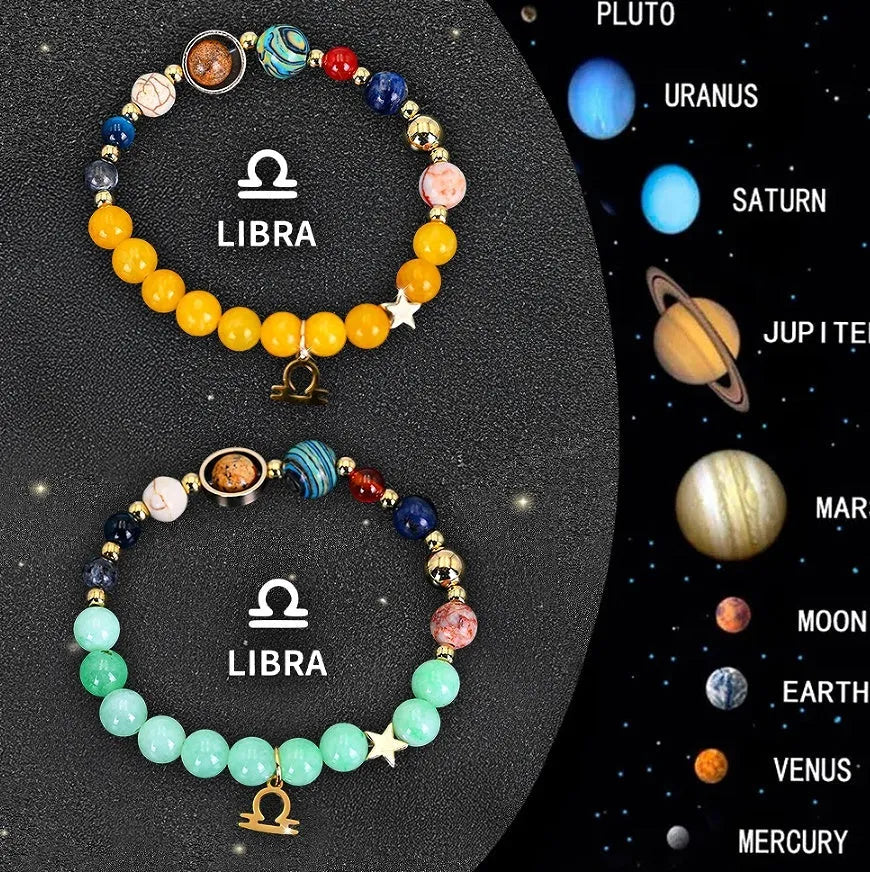 Two natural stone beaded bracelets with Chinese zodiac animal charms on an adjustable cord.