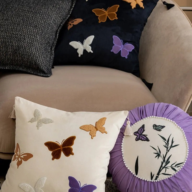 Square 45x45 cm cushion with Chinese style butterfly embroidery in beige, black, or purple