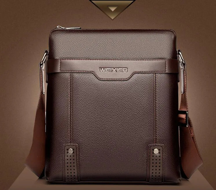 Men's soft PU leather messenger bag in solid colour with zipper closure and interior pockets – black or brown