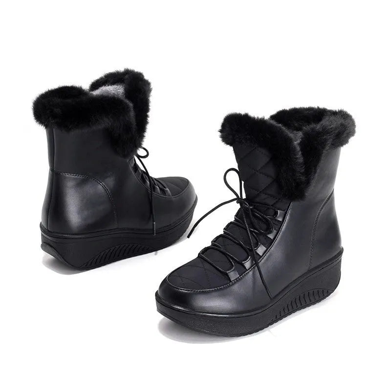 Women's black winter boots with 3cm platform heel and lace-up closure