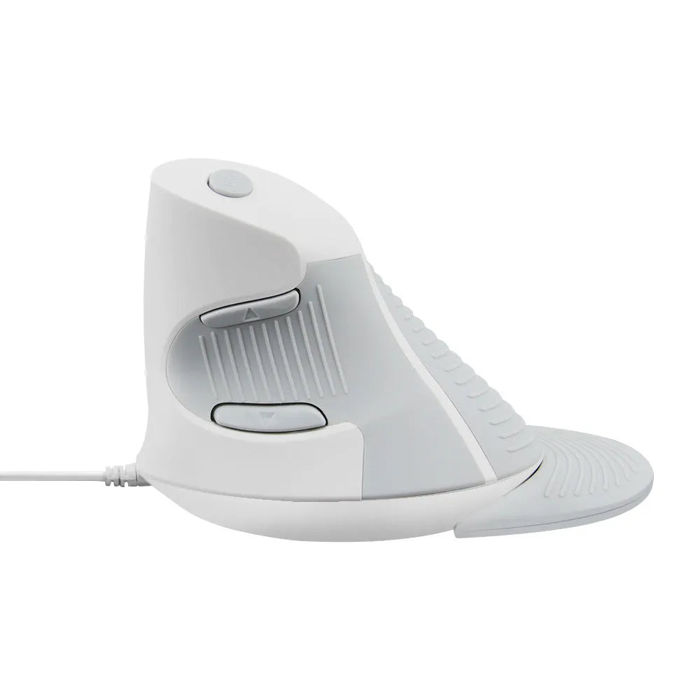 Ergonomic vertical wired mouse in black and white showing handshake grip position