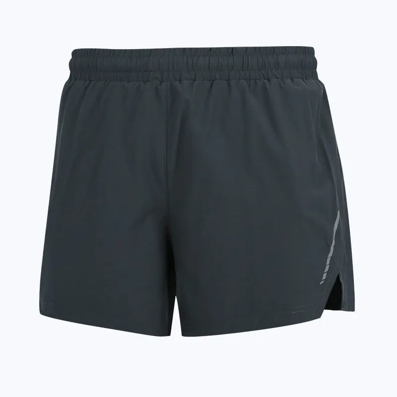 Men's straight-leg quick-drying running shorts in grey, shown flat.